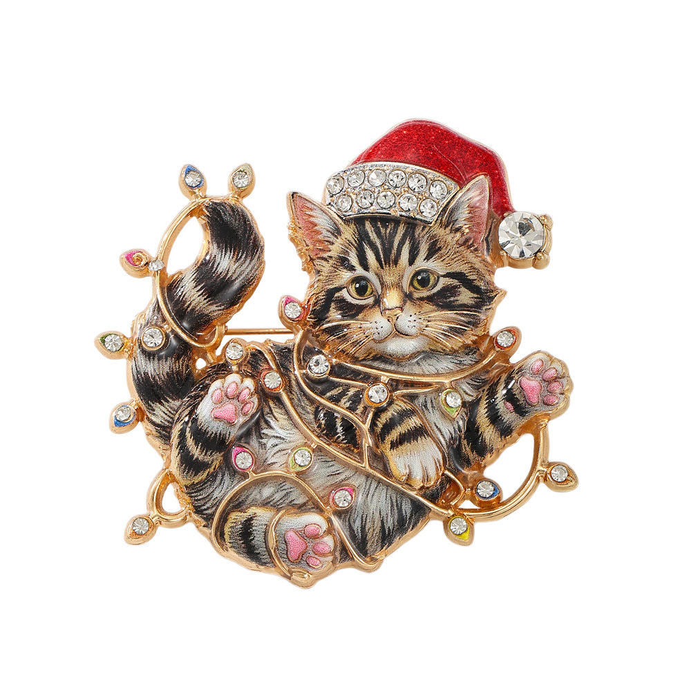 TEMU Vintage Sparkling Rhinestone Christmas Cat Brooch, Color Enamel Metal Kitten Pin With Santa Hat & String Light Decor, Cute Animal Women's Scarf
