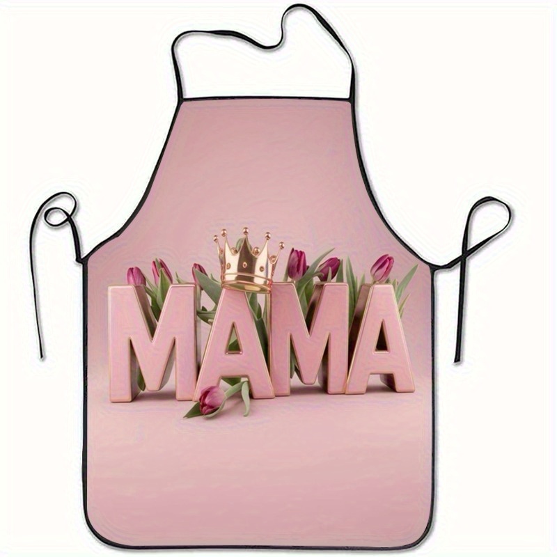 Image of 1pc Mother's Day Mama Crown Tulip Print Sleeveless Polyester Apron- Lightweight, Durable, And Stylish For Home Kitchen Baking& Cooking- Perfect Gift For Mom