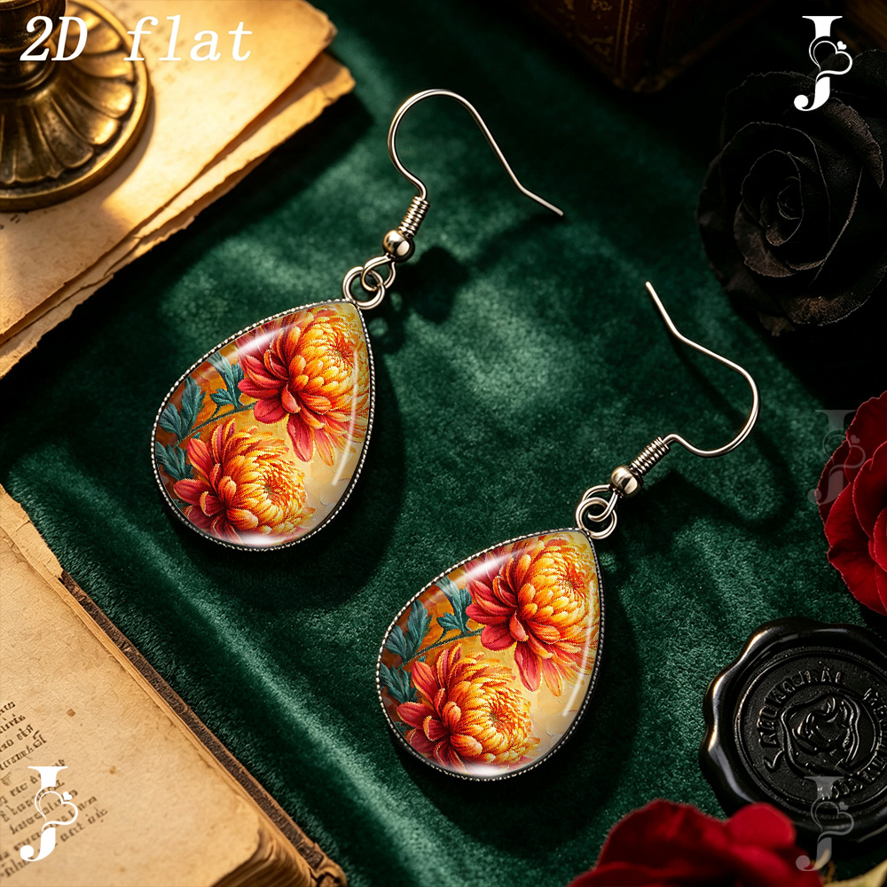 Teardrop Dangle Earrings with Autumn Chrysanthemum Pattern