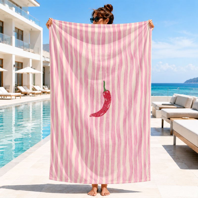 TEMU 1 stuk roze en wit gestreepte rode chilipeper digitale HD-geprinte microvezel strandhanddoek, zacht en absorberend, lichtgewicht en sneldrogend,
