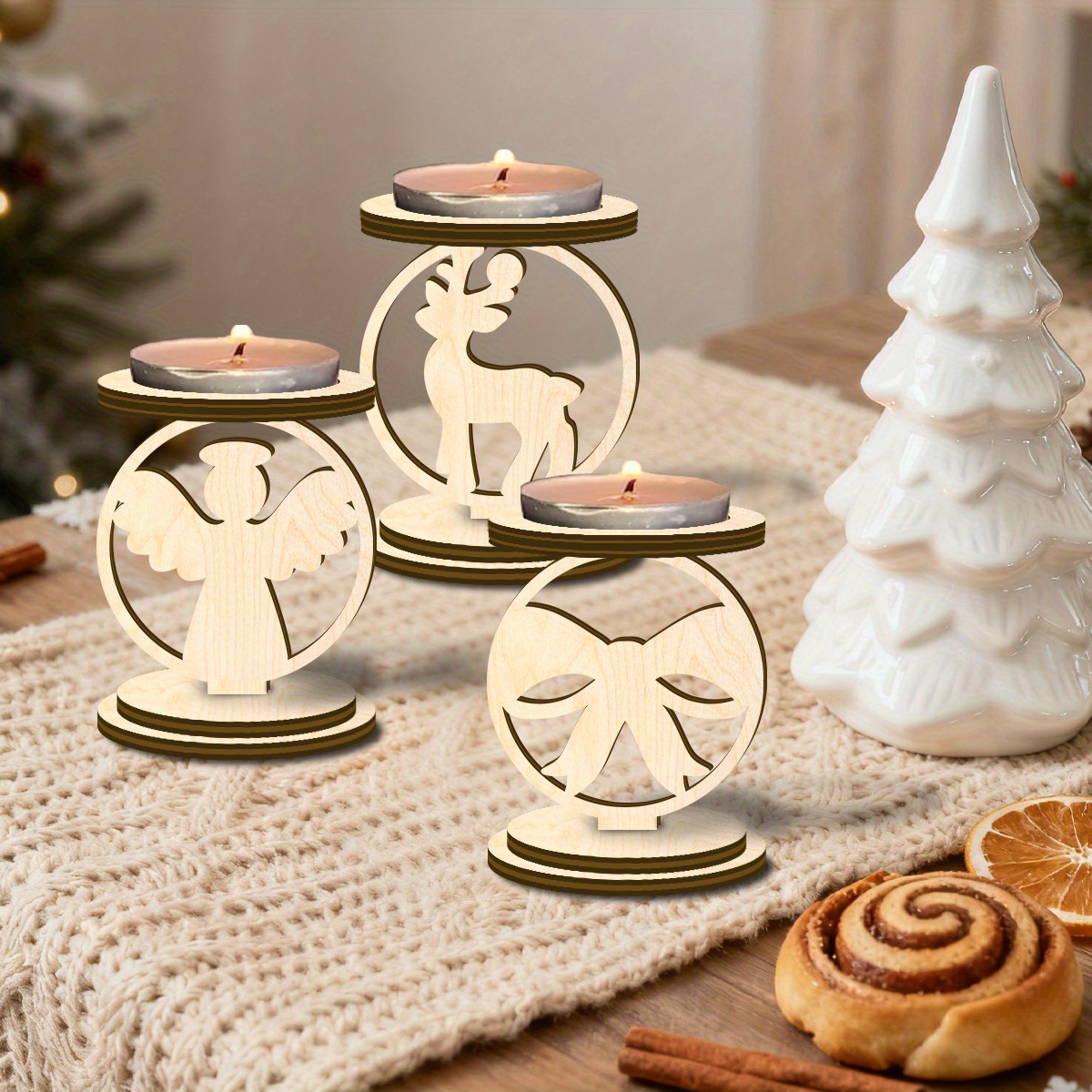 TEMU This 3pcs Wooden Candle Holder Set Features A Christmas Theme, Including Designs Like Reindeer And Angels, Making It Perfect For Tealight