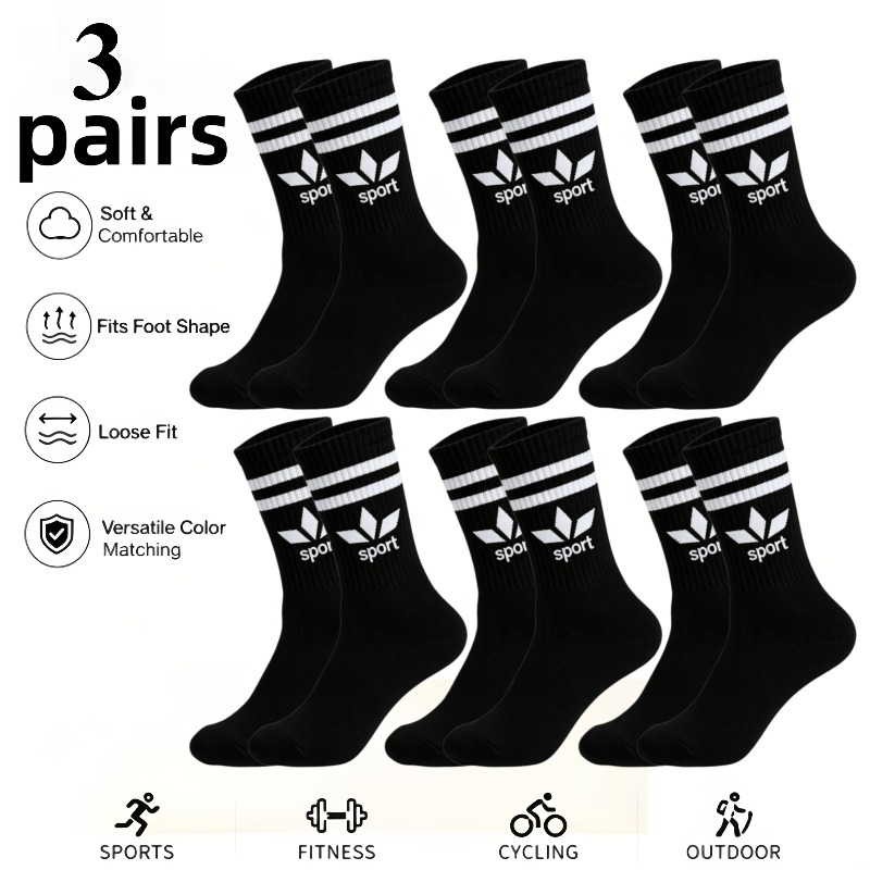 TEMU 3 Pairs Unisex Mid-calf Socks, Striped Maple Leaf , Sports Socks, Black And - Random Color, Soft And -friendly, Ideal For Running, Hiking,