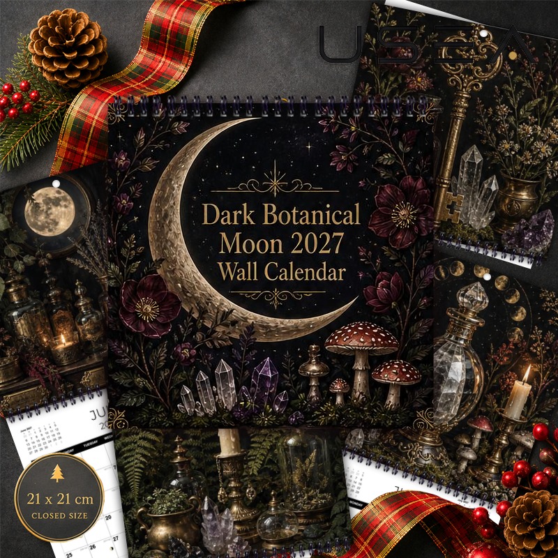 TEMU 2027 Wall Calendar 2027 Dark Botanical Moon Wall Calendar, Twin Wire Spiral Hanging Calendar, 8.3x8.3 Inch Monthly Planner With Lunar Moon
