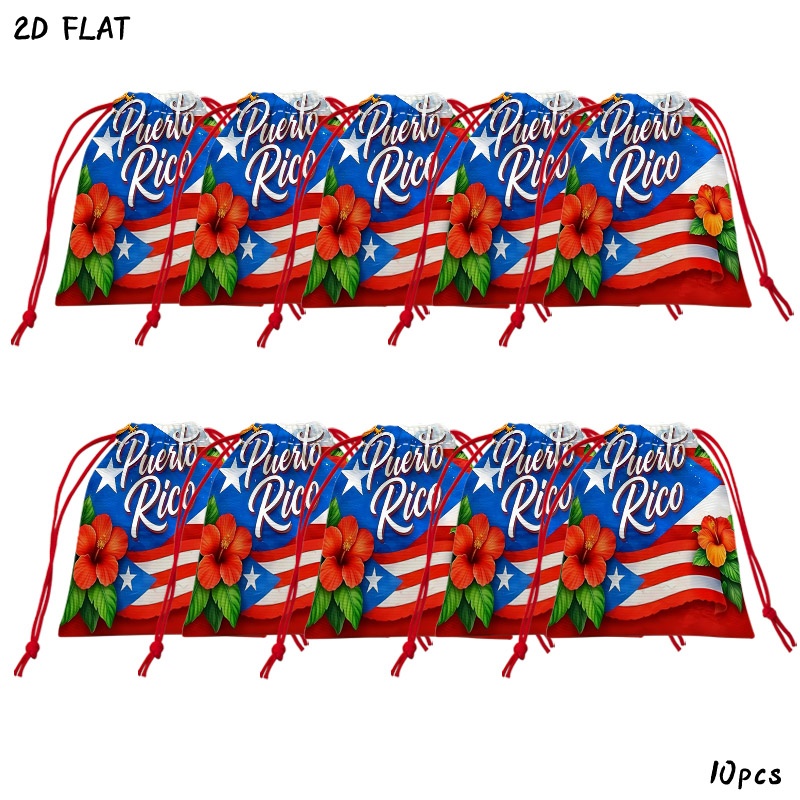 TEMU 10pcs Puerto Themed Polyester For Party Drawstring Gift Bags, Vibrant Flag Print With , Bird & Hibiscus Decor, Multipurpose Gift Packaging For