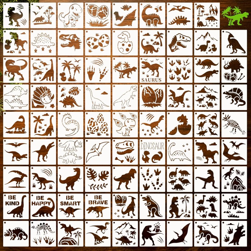 TEMU 80pcs Large Dinosaur-themed Graffiti Stencil Templates, Washable Reusable Spray Painting Molds, Including Dinosaur Bones, Footprints, Plants,