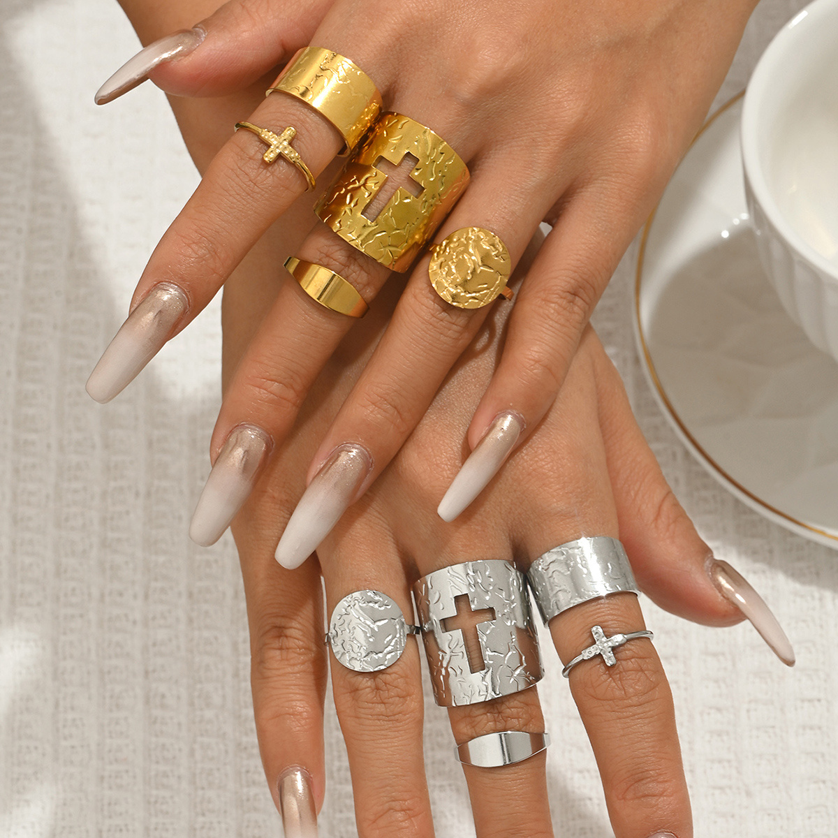 5pc Vintage-Style Open Rings with Irregular Geometric Shapes