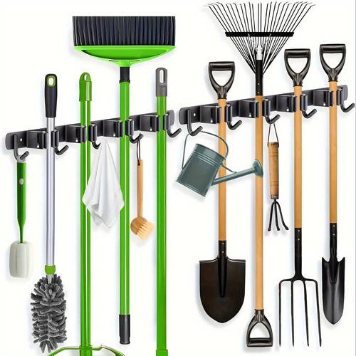 item picture 1pc heavy duty stainless steel wall mounted garden tool organizer with 4 racks 5 hooks powder coated rust resistant utility shelf for laundry room outdoor storage space saving with hardware included durable tool storage organizer storage racks