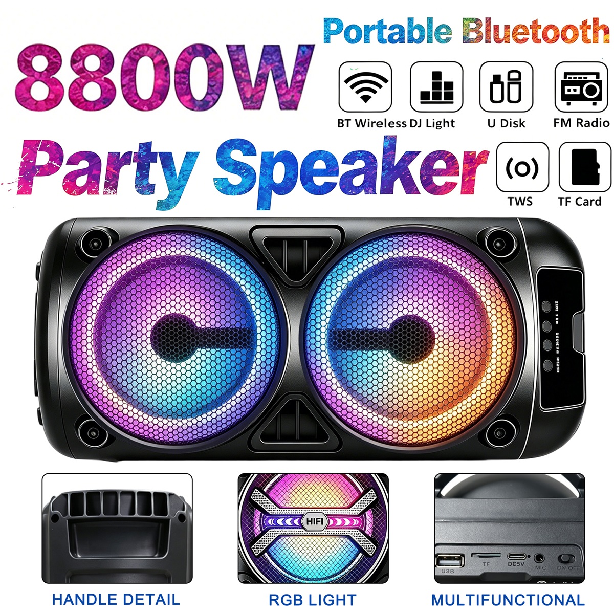 8800w Portable Pa Wireless Speaker With Rgb Lighting And Compact Subwoofer, Wireless/tws System, Usb/fm Radio, Microphone Input Suitable For Parties, Karaoke, Usb Amplifier For Indoor For