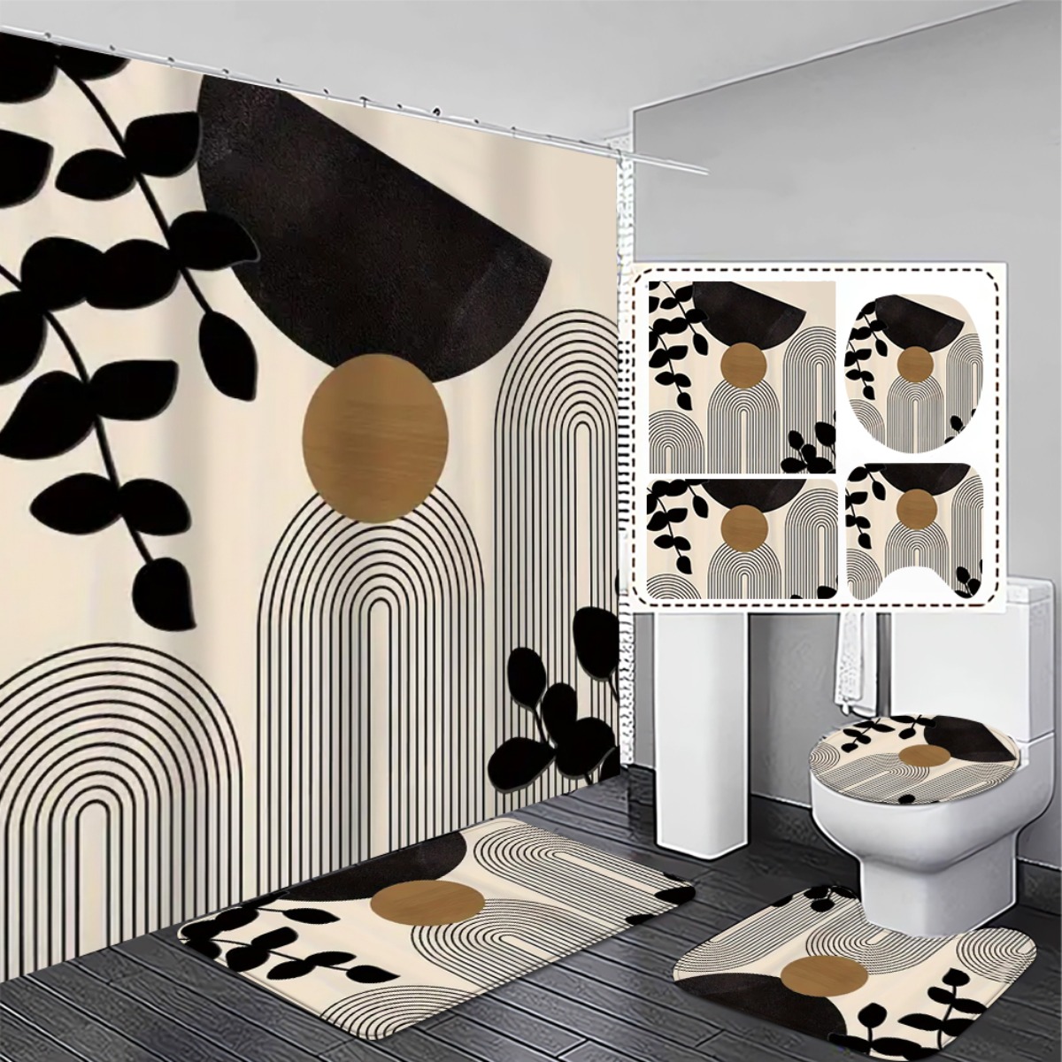 E-shop 1/3/4-teiliges, modernes Duschvorhang-Set mit rutschfestem Bad - Stilvolles geometrisches Design im mittelalterlichen böhmischen Stil für