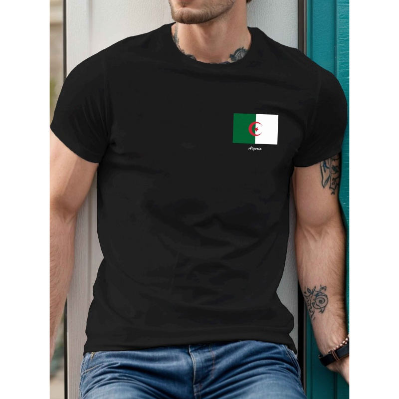 

T-shirt imprimé algérien pour homme, col rond décontracté, manches courtes, tissu tricoté 100% polyester, légère extensibilité, coupe standard, haut d'été - 150gsm