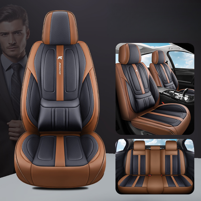 TEMU 2025 New Luxury Car Seat Covers, Full Coverage With Perforated Lumbar Design, Durable Breathable Fit For Five-seater Vehicles
