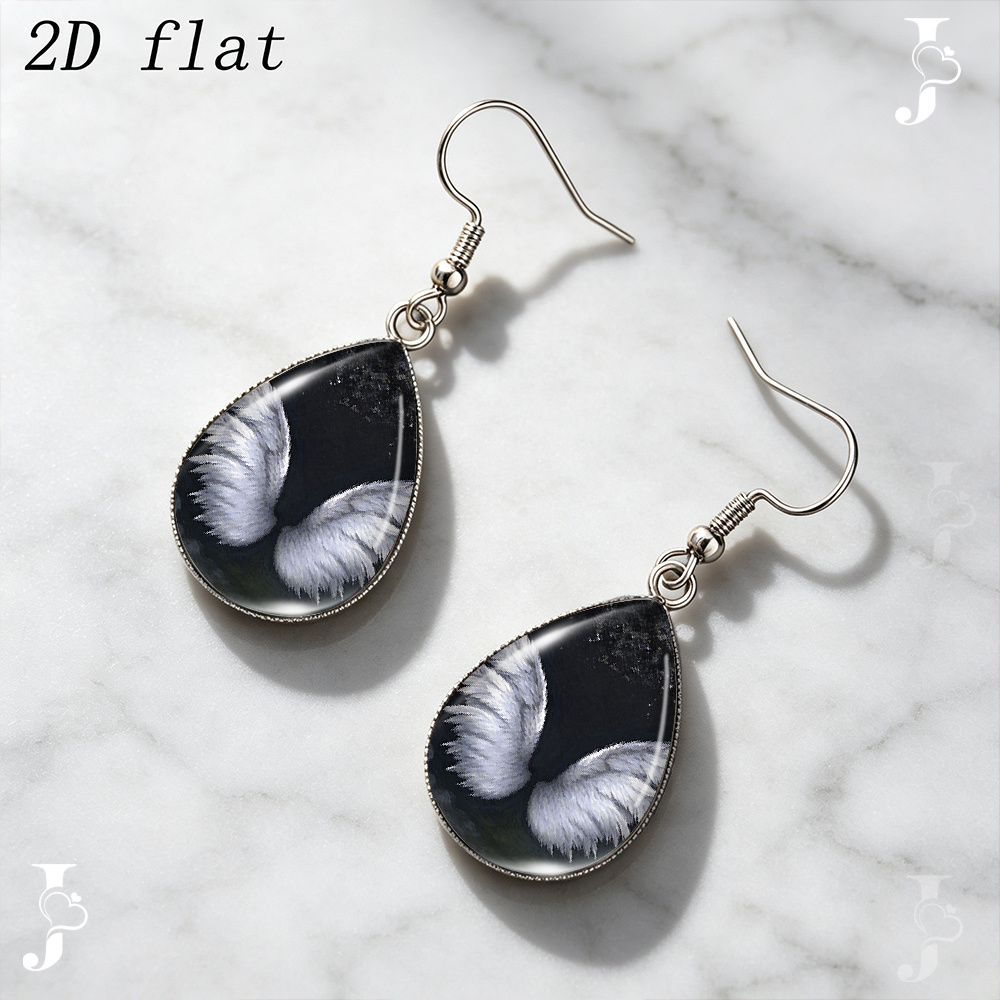 Teardrop Dangle Earrings with Black Background and White Angel Wings