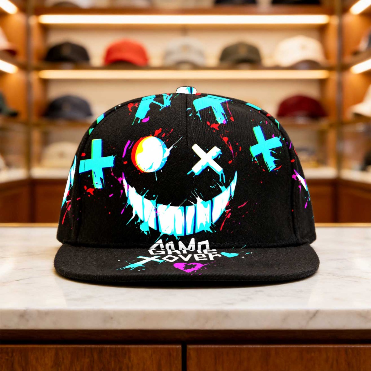 TEMU 1pc Neon Game Over With Neon Lettering & Flat Brim - Adjustable Snapback Hat Suitable For , Lightweight For Running, Outdoor, School, Christmas
