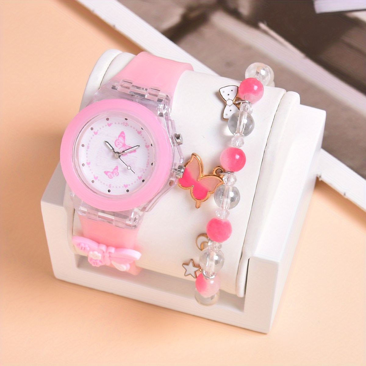 Image of Soft Silicone Strap Girls Luminous Watch Creative Design 's Quartz Wristwatch Beaded Bracelet Set 2pcs