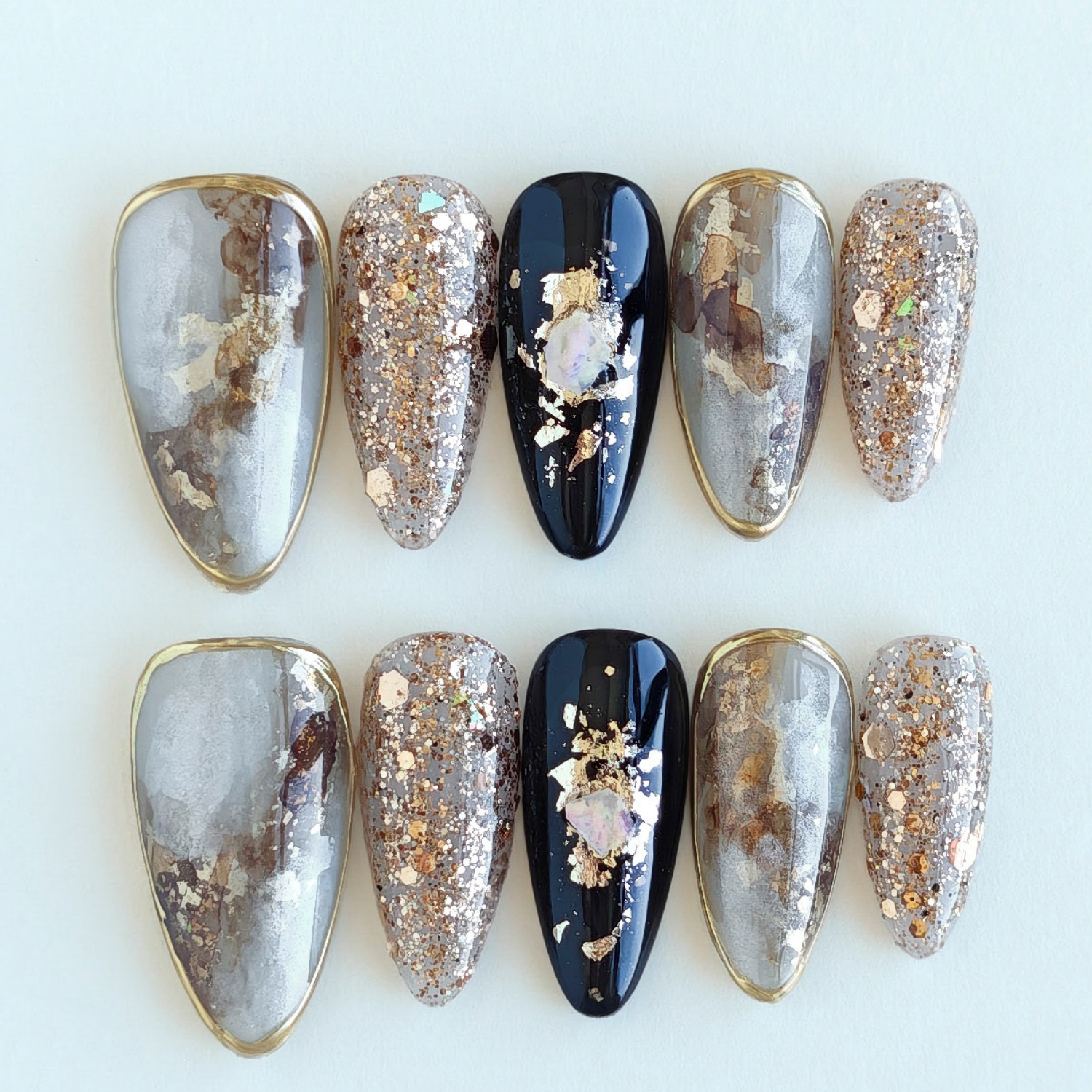 TEMU Nail | 10pcs Of Handmade Wearable Nails - Medium Almond Shape With Golden And Silvery Glitter Marble, Luxurious | For Parties, Formal Occasions,