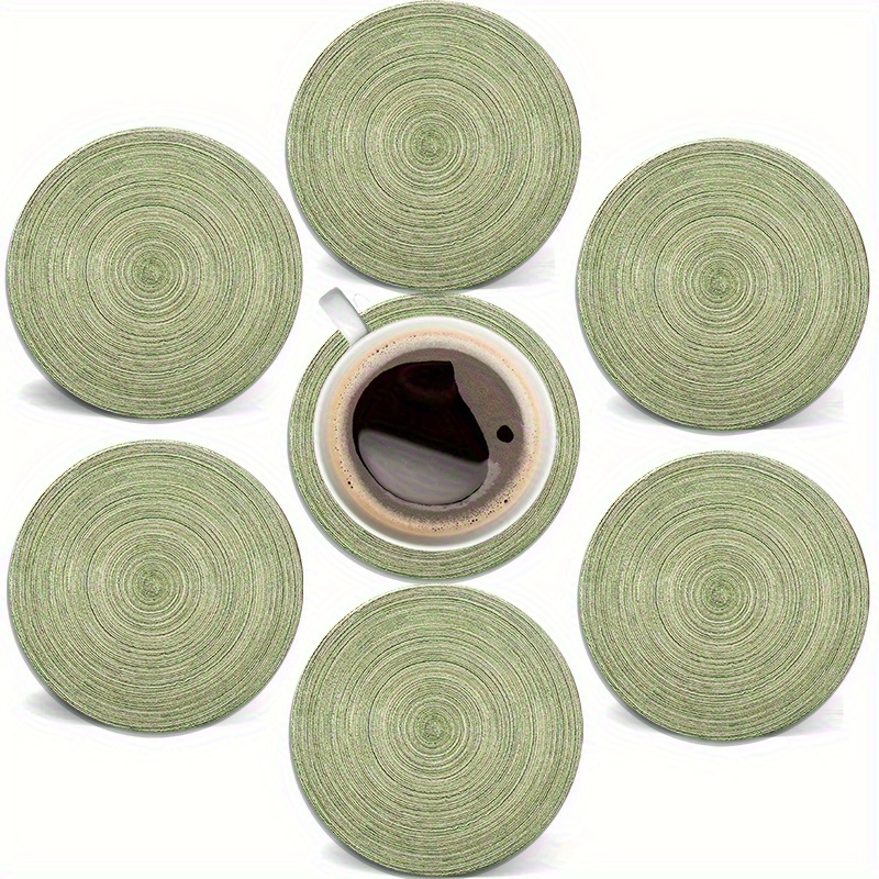 TEMU Ensemble de 6 sous-verres circulaires plats en bois 2D - Tapis de table ronds tissés verts, sous-verres plats 2D, décoration intérieure, cadeau