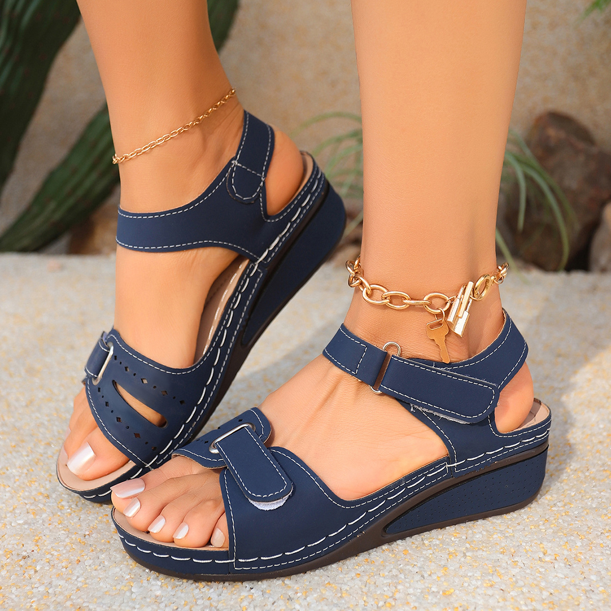 Green Dual Strap Arch Support Wedge Sandals Laser Hollow Cut Adjustable Hook Loop Ankle Strap Summer Shoes Women Casual Vacation Street Outfit Footwear Retro Supportive Everyday Sandals, Women Shoes
