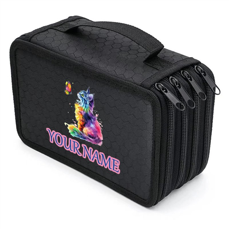 TEMU 1pc Personalized Name/initials Cat-themed Four-layer Large Capacity Pen Case Suitable For School & Office, Multi-zipper Pencil Organizer With