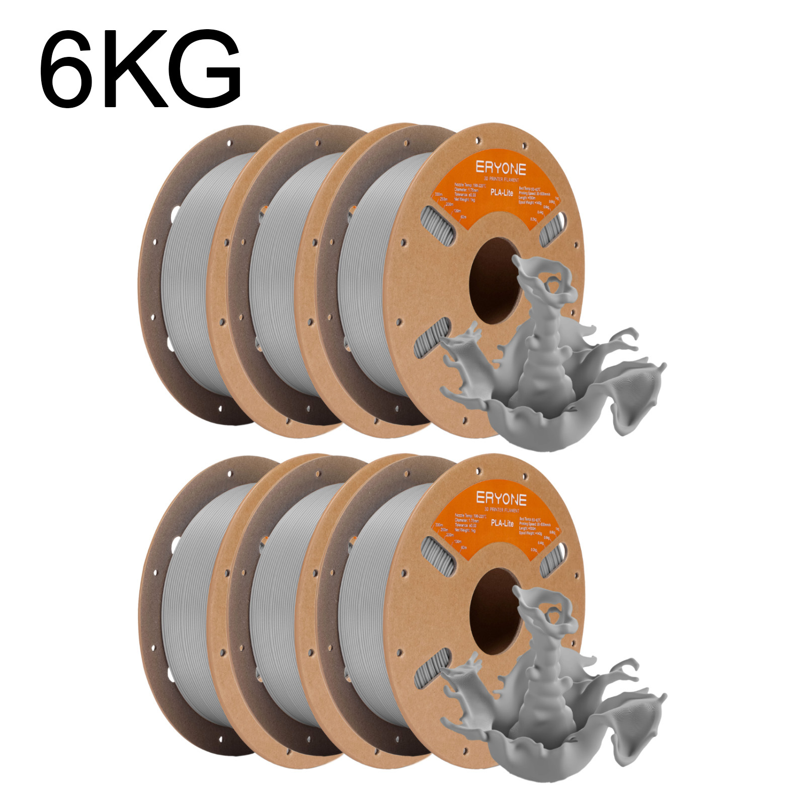 Eryone Pla-lite 3d Printing Supplies Filament For 3d Printer, 6 Rolls, 6kg 1.75mm +/ -0.03mm, Compatible With Most 3d Printers, Easy & Transition