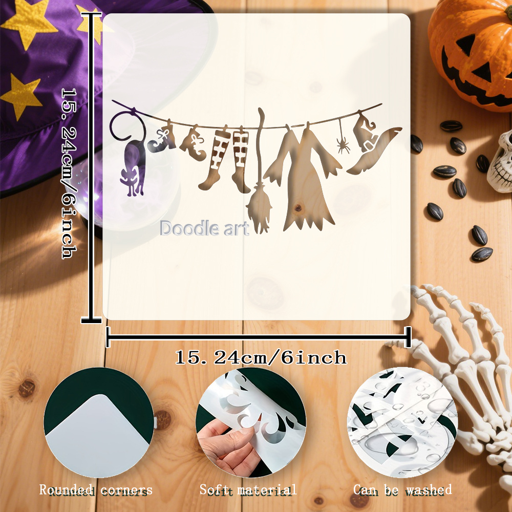 Image of Template For Painting Halloween Witch Items - Cat Witch Outfit, Hat, Wand Design - Magical Theme Painting Template - 6x6 Inches - Ideal For Crafts, Handmade Projects, Furniture, And Canvas Wall Art