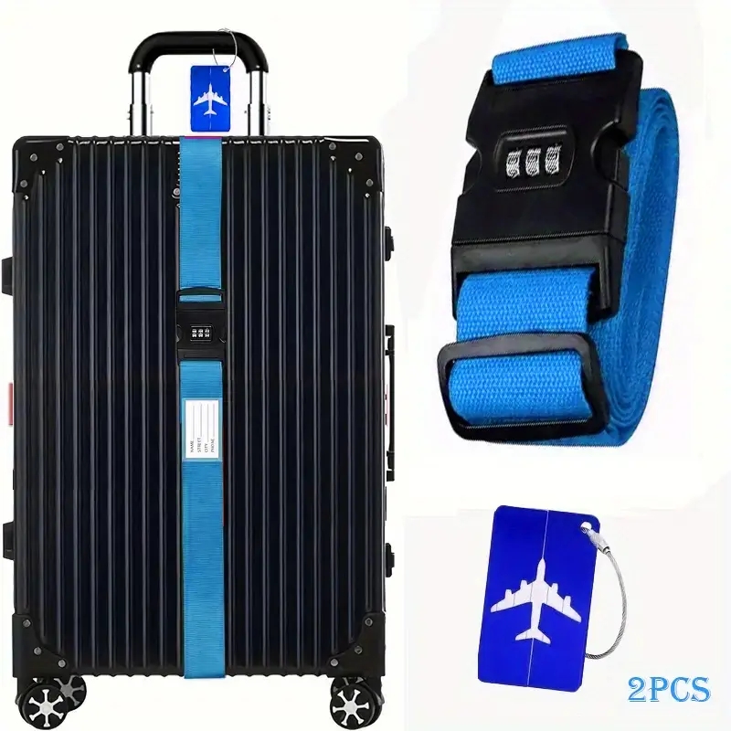 TEMU 2pcs Travel Accessories Set (1 Luggage Strap   1 Luggage Tag), Adjustable Luggage Strap With Combination Lock, -the-dark Packing Strap, Stylish