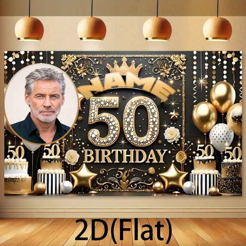 2d Flat, 2d Flat - 2d Flat, 2d Flat - [custom] 1pc 2d Flat Banner Large Size Customizable Name And Photo Birthday Backdrop, Luxurious 50th Birthday Party Banner With Crown And Elements