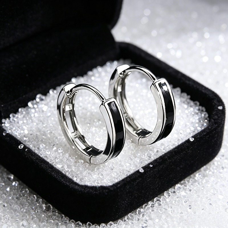 TEMU 2pcs Elegant Black Hoop Earrings, Stylish And Trendy Design, Hypoallergenic Minimalist Geometric Hoop Earrings, Matching Accessories For Men And