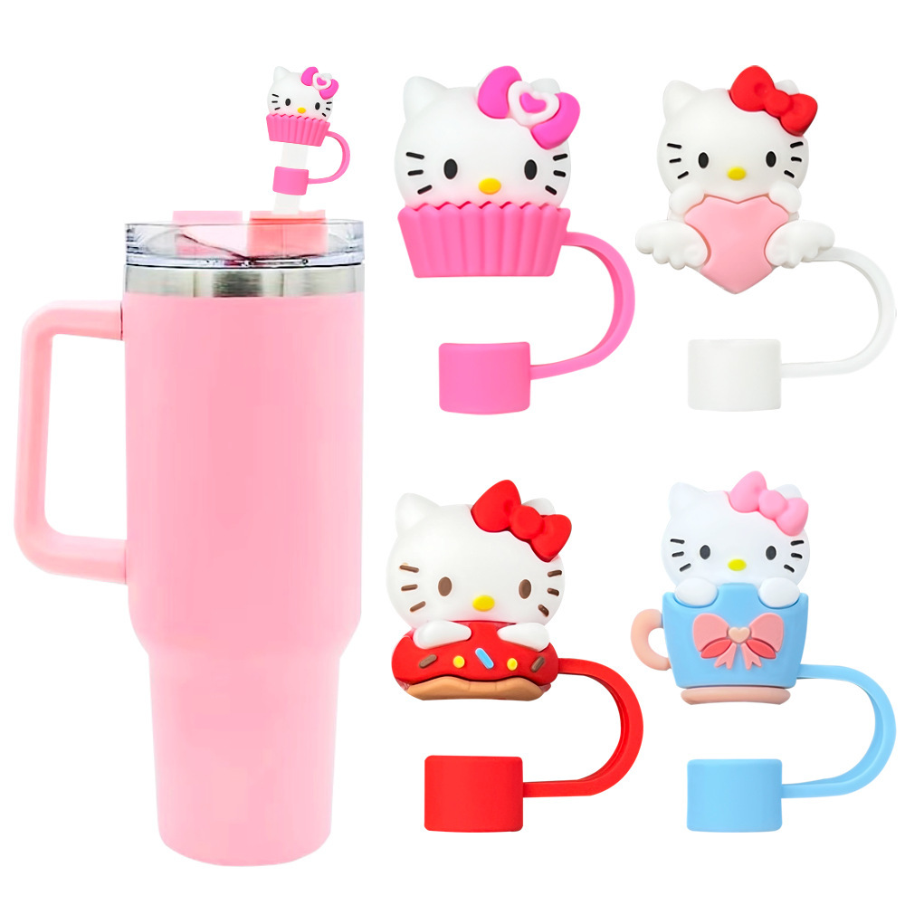 

4pcs Sanrio Hello Kitty 3d Straw Hat Tumblers Dust Covers, Fashionable Plastic Drink , Party Decor, Halloween & Christmas Gifts, Student Prizes, Straw Accessories For Outdoor & Indoor Use