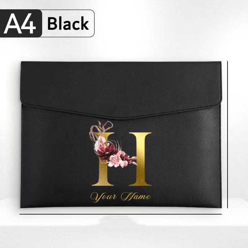 TEMU 1pc Personalized Custom Name File Folder, Floral Monogram Printed A4 Size Faux Leather Material Document Bag, Suitable For Business, Office,