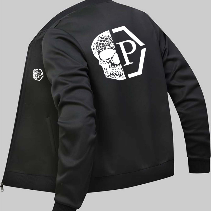 

Men's Casual Jacket - Lightweight, , Polyester With Functional Pockets, Black With White Skull & Geometric Print, Varsity Style For Spring & Fall Outdoor Activities