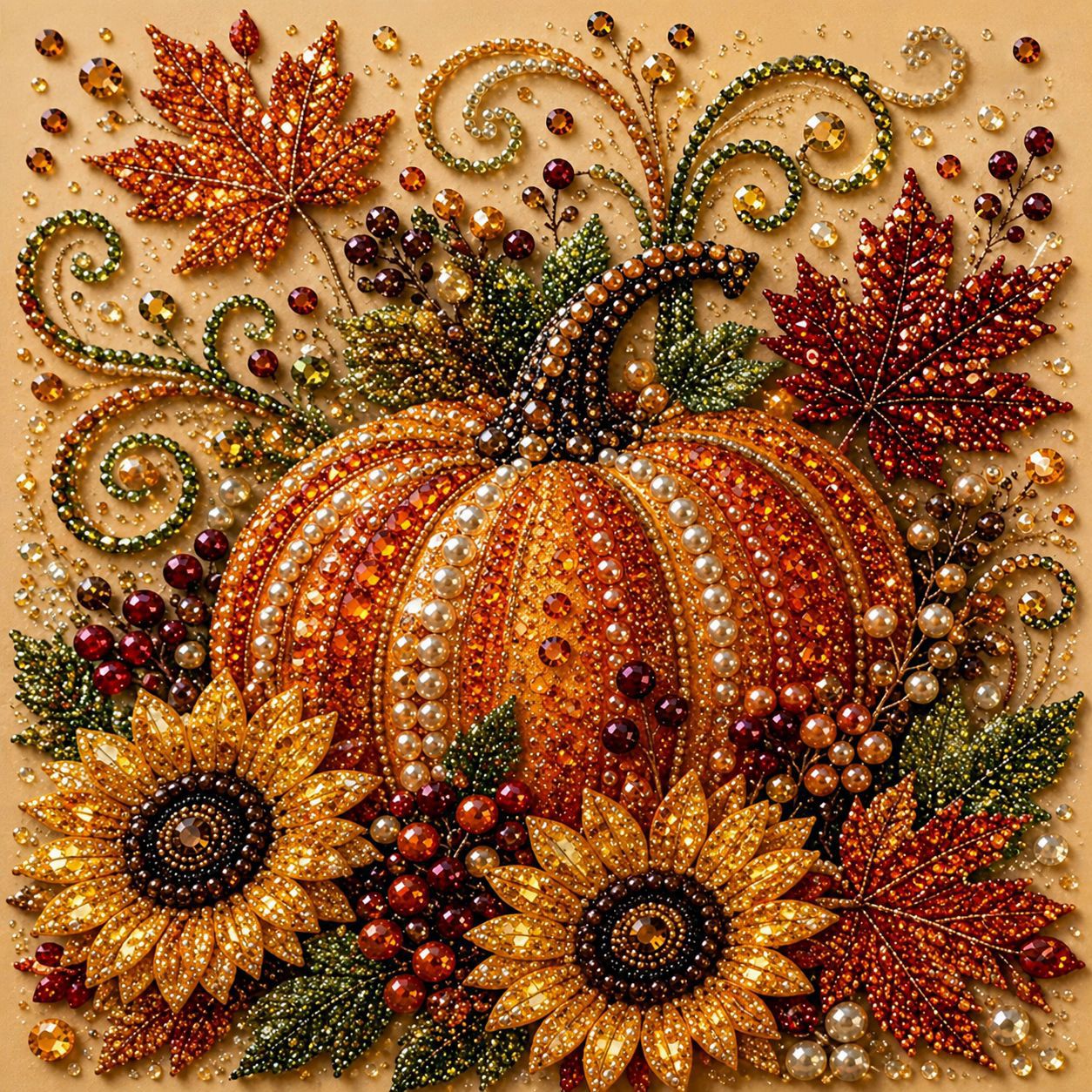 TEMU 1-tlg. Herbst-DIY-Diamant-Malerei-Set, 3D-rahmenlose Perlen-Diamantmalerei Kürbis-Perlenkunst mit Sonnenblumenblatt-Design für