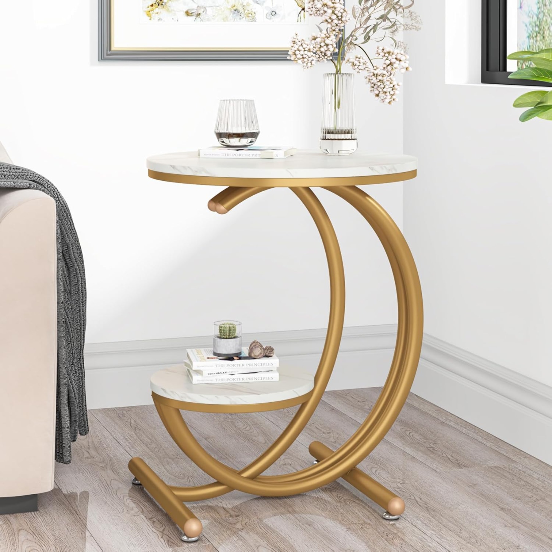 End Table, Two-level Nightstand For Compact Areas, Contemporary Round Accent Table With Metal Structure For Living Room And Bedroom