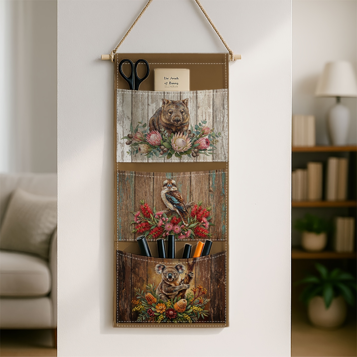 TEMU 2d Printed 1pc Wall-mounted Storage Bag Featuring Various Sections – Rustic Australian Wildlife Design With Koala, Wombat, And Bird , Ideal For