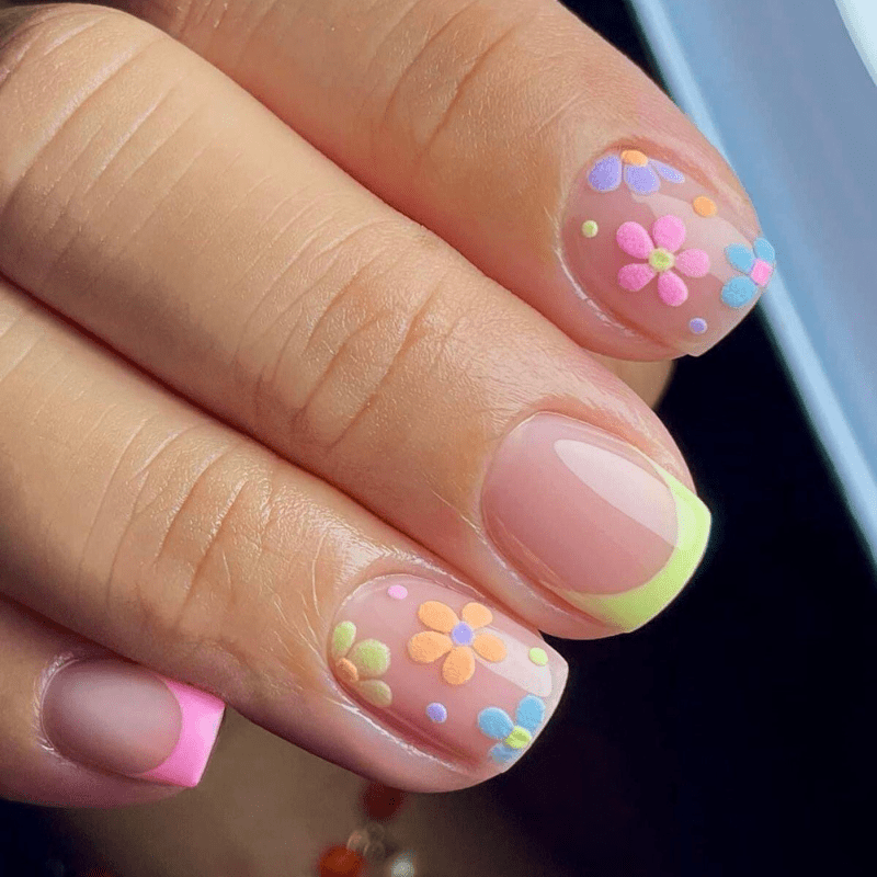 48pcs Short Square Press On Nails, Sheer Nude Base Macaron Color Flocked Flower Dopamine French Tip Fake Nails, -enhancing Nail Patches, No Glue Removable Reusable Nail Tips, 2026 Viral