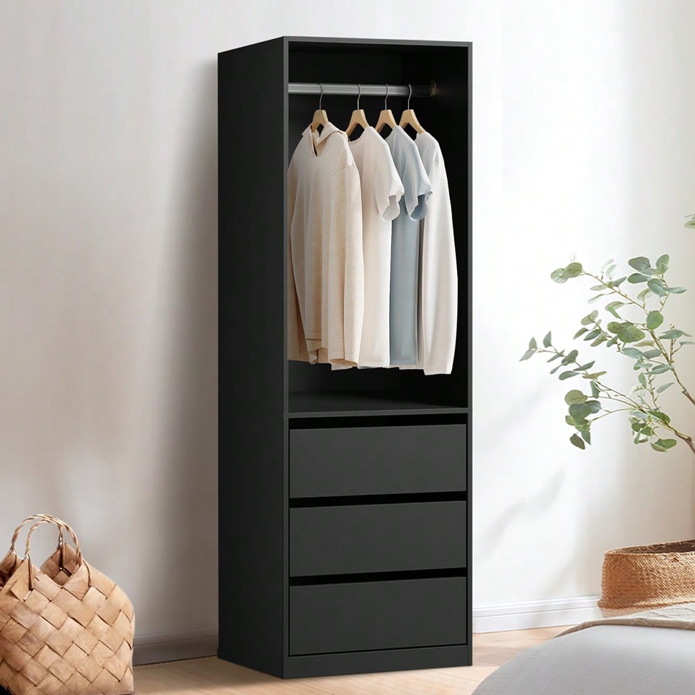TEMU Open Wardrobe With 3 Drawers And Hanging Rail, Clothes Storage Shelf Unit, Space Saving Closet Organizer For Bedroom, Black
