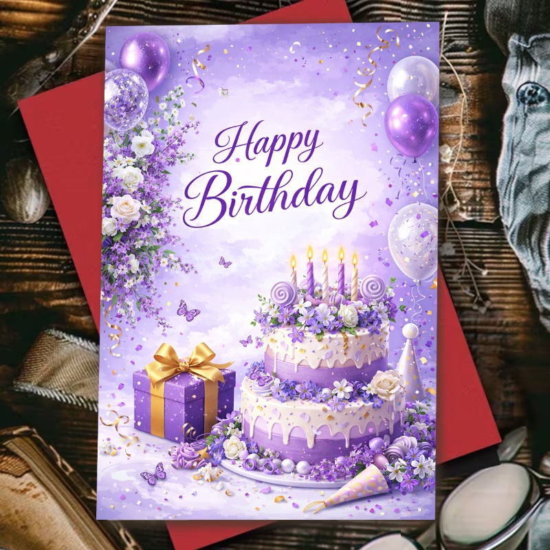 TEMU 1pc Single Elegant Birthday Card, Featuring Purple Cake, Balloons, And Flowers, With "happy Birthday" Message. This Romantic Watercolor Style