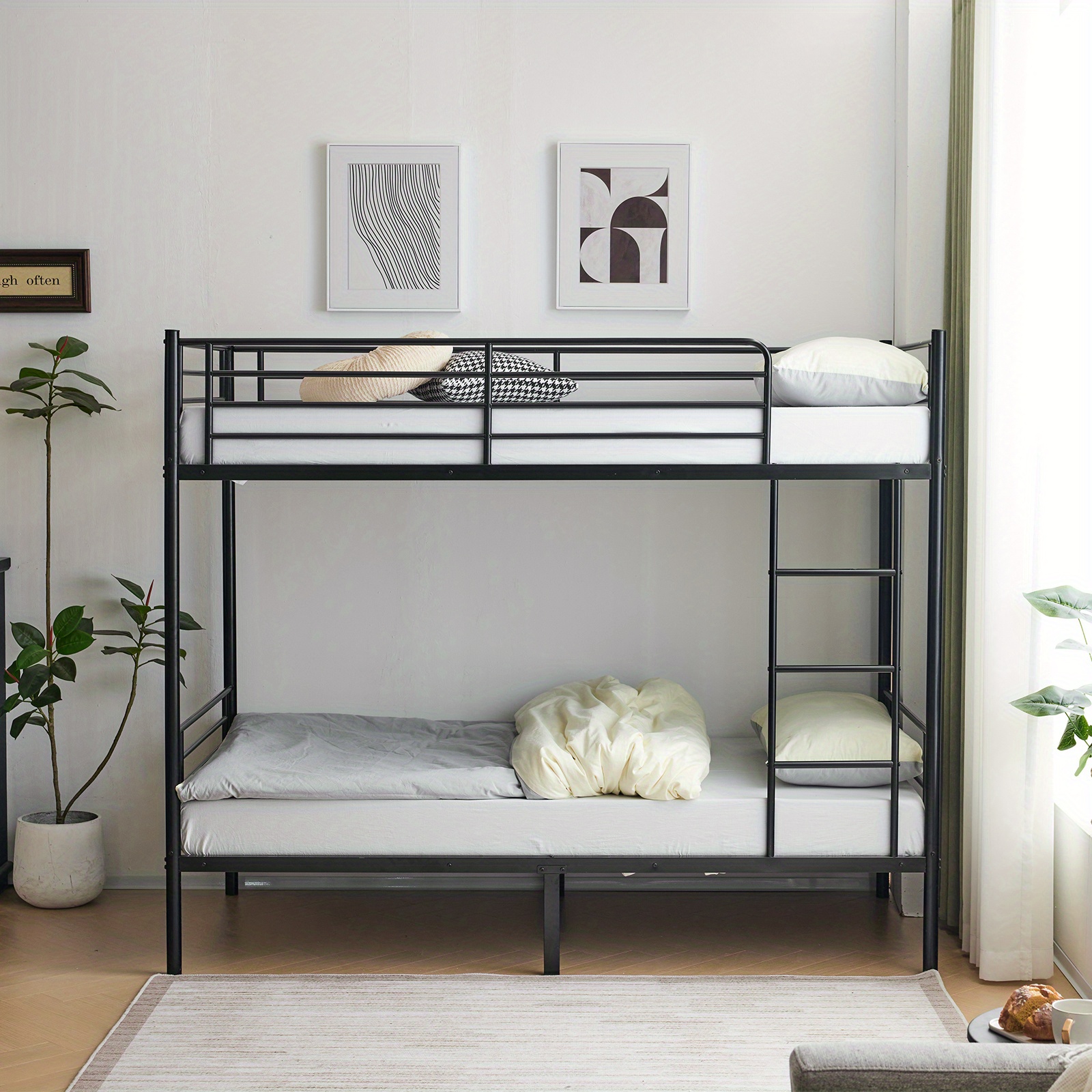Sturdy Modern Metal Bunk Bed with Safety Ladder & Full Guardrail - Space-Saving Design, Black, 198.12x96.01x165.1 cm, 18 Slats, Upper Mattress 181.44 KG, Lower Mattress 272.16 KG, Easy Assembly, No Tools Required