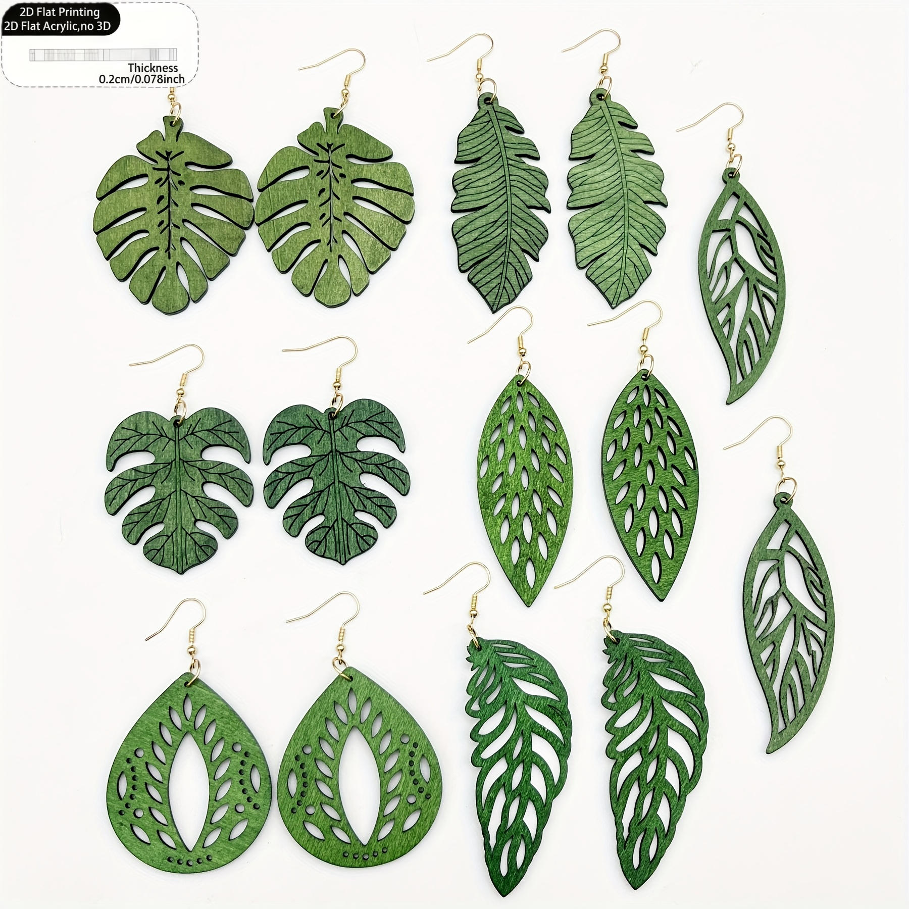 TEMU 7-pair Set Spring Summer Natural Pastoral Style Green Acrylic Pendant Earrings Leaf Design Women's Earrings Suitable For Vacation Party Outfit