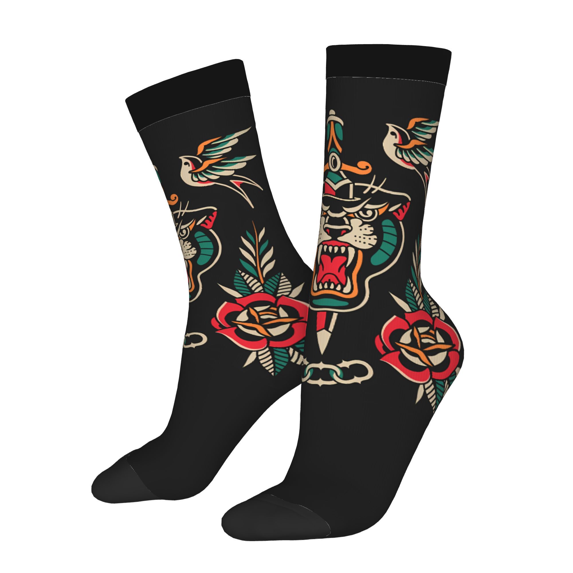 TEMU 1 Paar Unisex-Neuheitssocken im Vintage-Tattoo-Flash-Design mit 2D-Druck, Crew-Socken für Outdoor, Sport & , perfektes ideales Geschenk