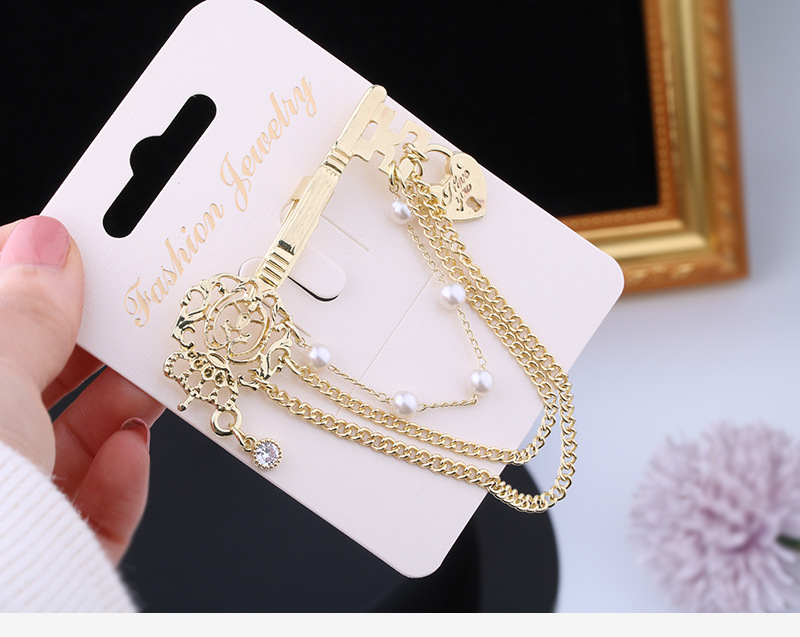   elegant key shaped brooch with rhinestones irregular pearl and chain tassel fashion korean style trendy pin accessory for women and men details 2