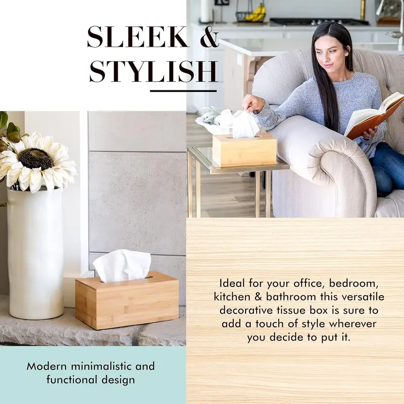 design tissue box holder modern minimalist and durable wooden tissue box with sliding bottom easy refill bamboo tissue box cover fits 184 count box rectangular pack of 2 Product details 1