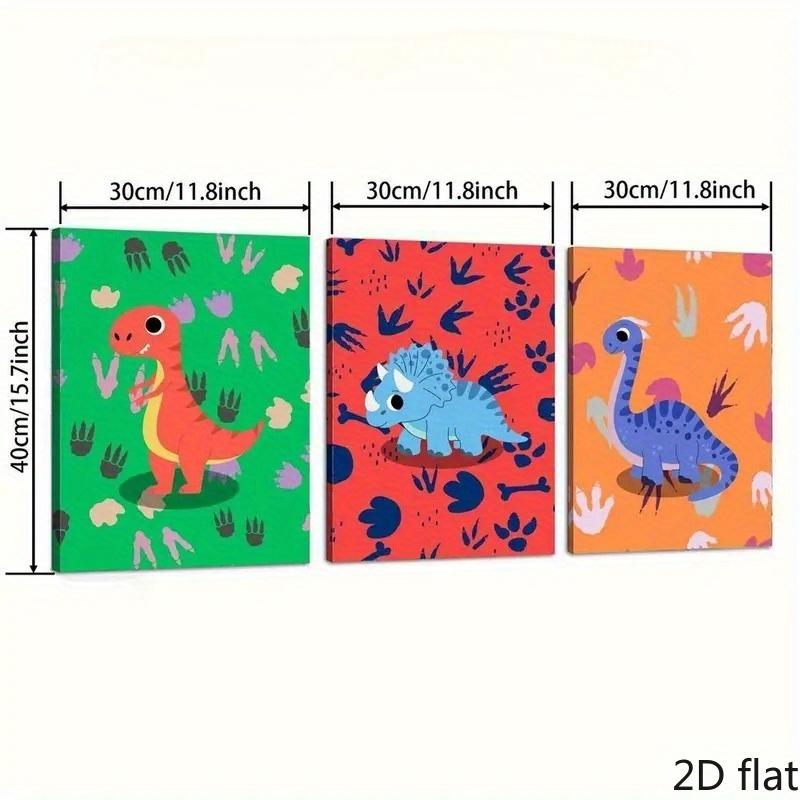 TEMU 2D Plat, 3 stuks 2D Platte Canvas Decoratieve Schilderijen, Kleurrijke Dinosauruskunst, Triceratops , Cartoon Dierenposter, Cadeau voor Jongen,