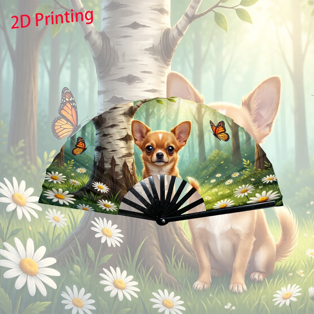 TEMU 1pc Cute Chihuahua In Forest With Butterflies And Daisies Theme Folding Fan- Wedding Party Decoration, Home Decoration Gift, With Vivid Printed