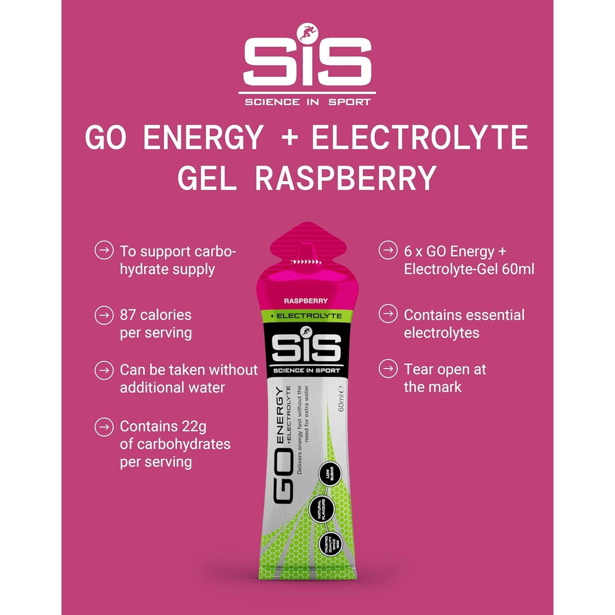 SIS Go Isotonic Energy Gel with Electrolytes- Nutrition Gel Supports Performance and Hydration for Running and Cycling- Raspberry Flavour, 60ml, Pack of 6