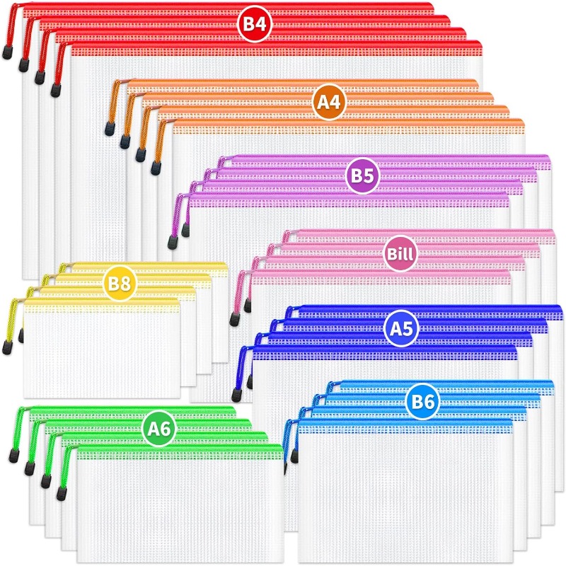 TEMU 32 Mesh Zipper Bags, 8 Sizes And 8 Colors, Transparent Plastic Zipper File Bags, Document Folders, Storage Bags, Suitable For Organizing And