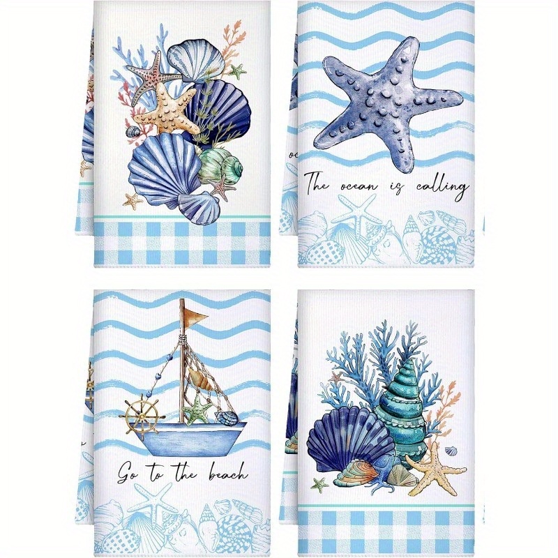 

4pcs 18*26inch Christmas Ocean Theme Kitchen Towels, Beach Turtle Ocean Animal Hand Washing Dish Towels, Starfish Housewarming Gift Kitchen Cooking Decoration, Reusable