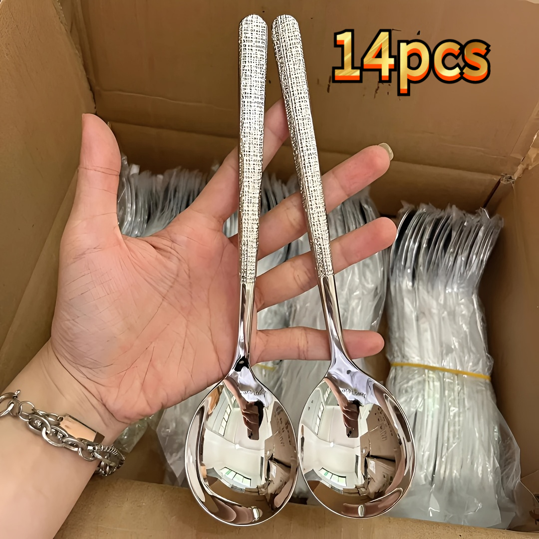 TEMU 14pcs Set Of Stainless Steel Large Round Spoons, Commercial And Home Kitchen Scoops, Heat-resistant Short-handle Large Ladles, With Drainage
