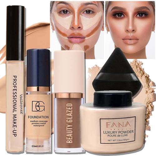 5pcs set base kit high coverage concealer lightweight liquid foundation 3d contouring cream oil control loose powder and soft puff long lasting matte flawless end set