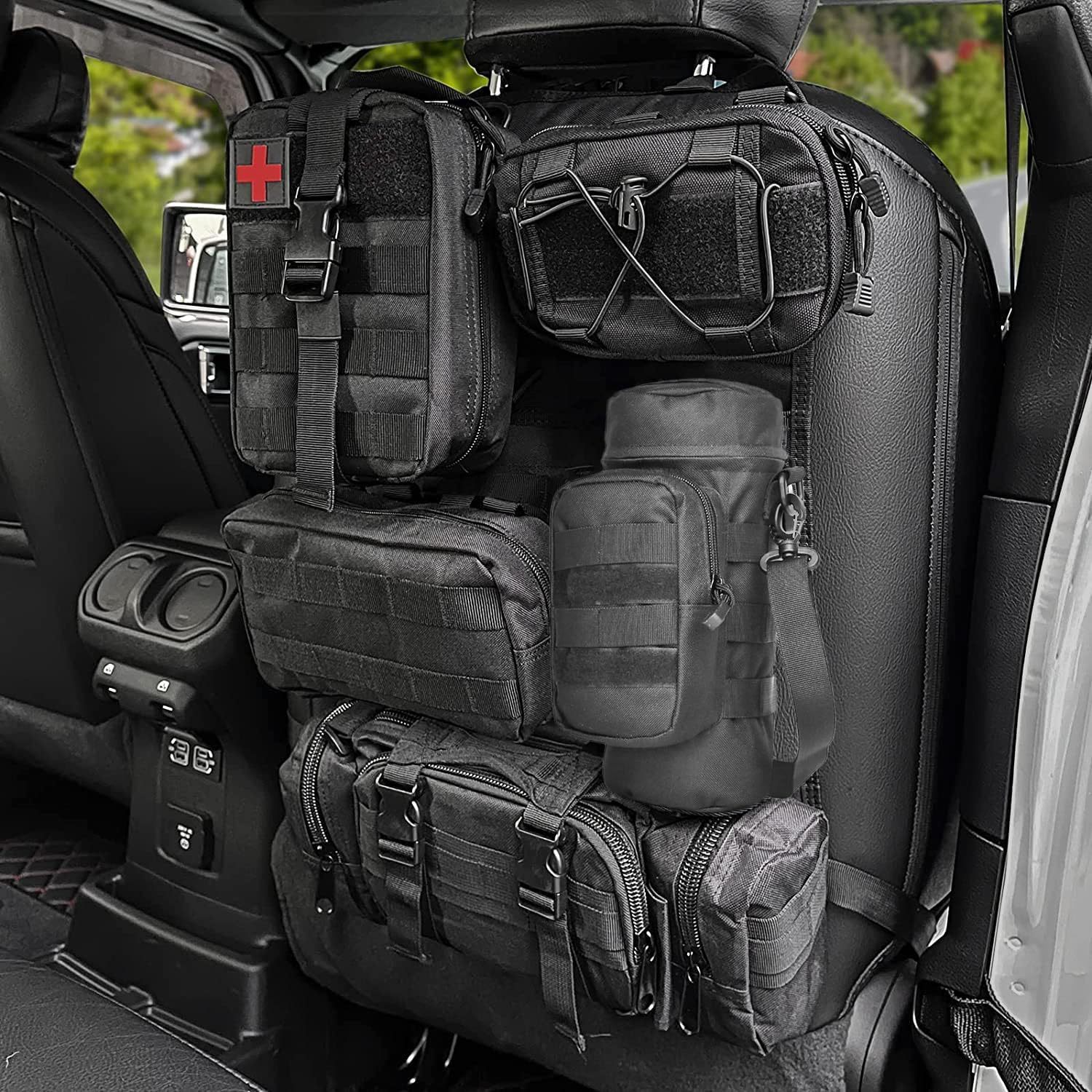 1pc Nylon Tactical Car Seat Organizer Front Seat Back Storage Bag Backrest Protector With 5 Pockets For All Vehicles