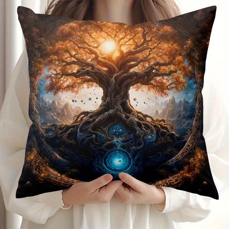 TEMU 1pc Yin Yang Tree Of Life Decorative Pillowcase - Single-sided Print, Zipper Closure, Machine Washable Polyester, Suitable For Bed, Sofa, Or
